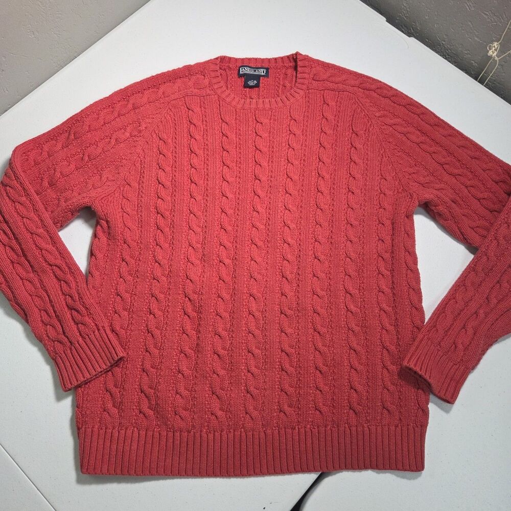Lands' End Womens Cable Knit Sweater Cotton L 14-16 Red Vintage Made in Japan